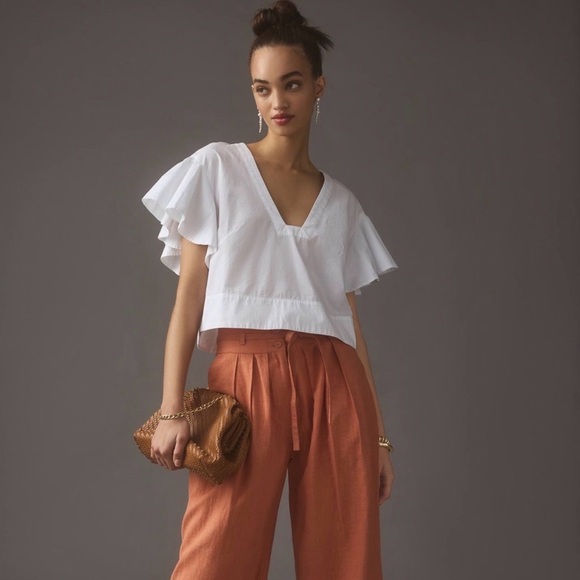 Maeve Tops - MAEVE ANTHROPOLOGIE | White Cotton Poplin Flutter Sleeve Pullover Blouse